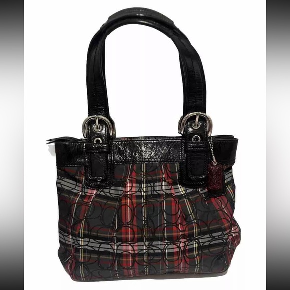 Signature Coach Poppy Bag Red And Black Plaid Shoulder Handbag Medium Size Purse - Picture 6 of 16